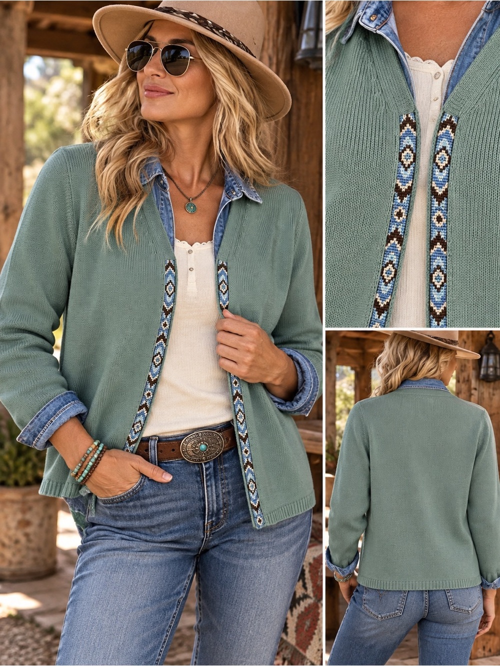 Vintage Pendleton Sage Green Cardigan with Beaded Patterned Trim